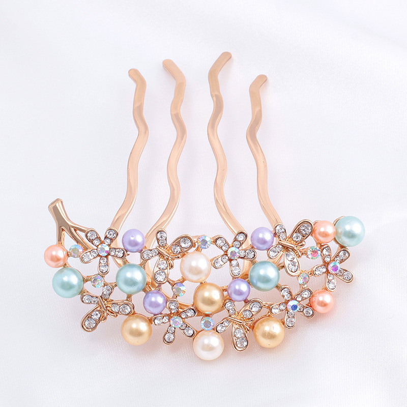 Koreastiilis metallist juuksehaamer nelja hambaga, rhinestones ja imitatsioonpärlitega, naiste juukse aksessuaar lille motiiviga