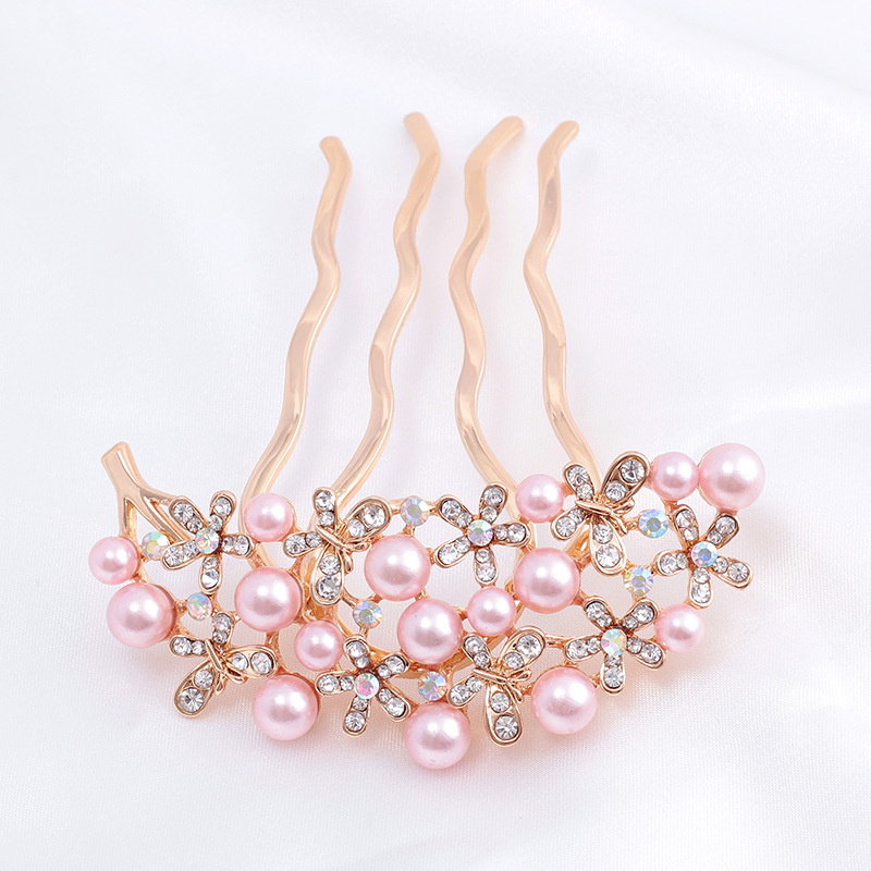 Koreastiilis metallist juuksehaamer nelja hambaga, rhinestones ja imitatsioonpärlitega, naiste juukse aksessuaar lille motiiviga