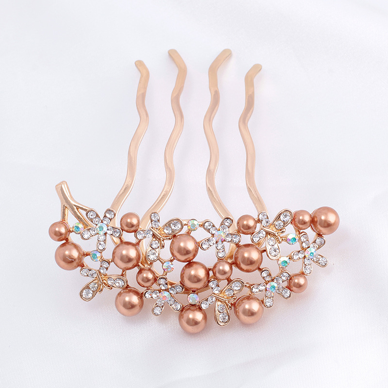 Koreastiilis metallist juuksehaamer nelja hambaga, rhinestones ja imitatsioonpärlitega, naiste juukse aksessuaar lille motiiviga