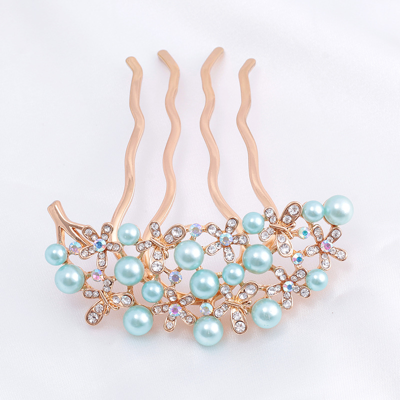 Koreastiilis metallist juuksehaamer nelja hambaga, rhinestones ja imitatsioonpärlitega, naiste juukse aksessuaar lille motiiviga