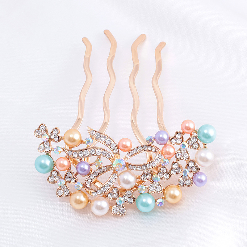 Koreastiilis metallist juuksehaamer nelja hambaga, rhinestones ja imitatsioonpärlitega, naiste juukse aksessuaar lille motiiviga