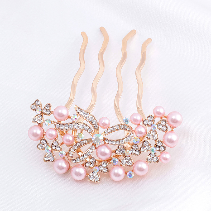 Koreastiilis metallist juuksehaamer nelja hambaga, rhinestones ja imitatsioonpärlitega, naiste juukse aksessuaar lille motiiviga