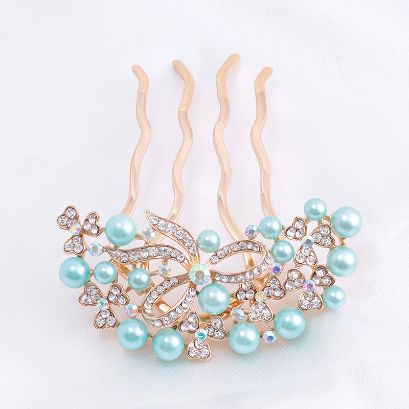 Koreastiilis metallist juuksehaamer nelja hambaga, rhinestones ja imitatsioonpärlitega, naiste juukse aksessuaar lille motiiviga