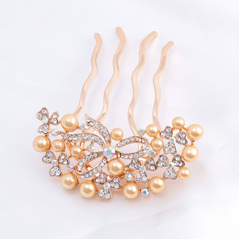 Koreastiilis metallist juuksehaamer nelja hambaga, rhinestones ja imitatsioonpärlitega, naiste juukse aksessuaar lille motiiviga