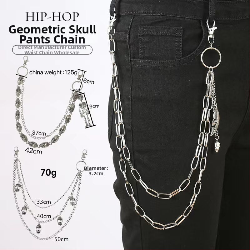 Metāla jostas ķēde biksēm, pank stila ar ģeometrisku slāņošanu un kraniuma motīvu (Materiāls: metāls; Kategorija: jostas ķēde; Sezona: 2025. rudens; Pielāgošana pieejama)