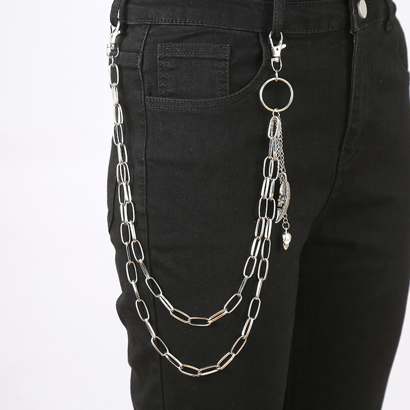 Metāla jostas ķēde biksēm, pank stila ar ģeometrisku slāņošanu un kraniuma motīvu (Materiāls: metāls; Kategorija: jostas ķēde; Sezona: 2025. rudens; Pielāgošana pieejama)