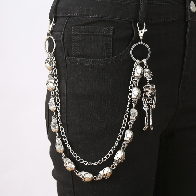 Metāla jostas ķēde biksēm, pank stila ar ģeometrisku slāņošanu un kraniuma motīvu (Materiāls: metāls; Kategorija: jostas ķēde; Sezona: 2025. rudens; Pielāgošana pieejama)