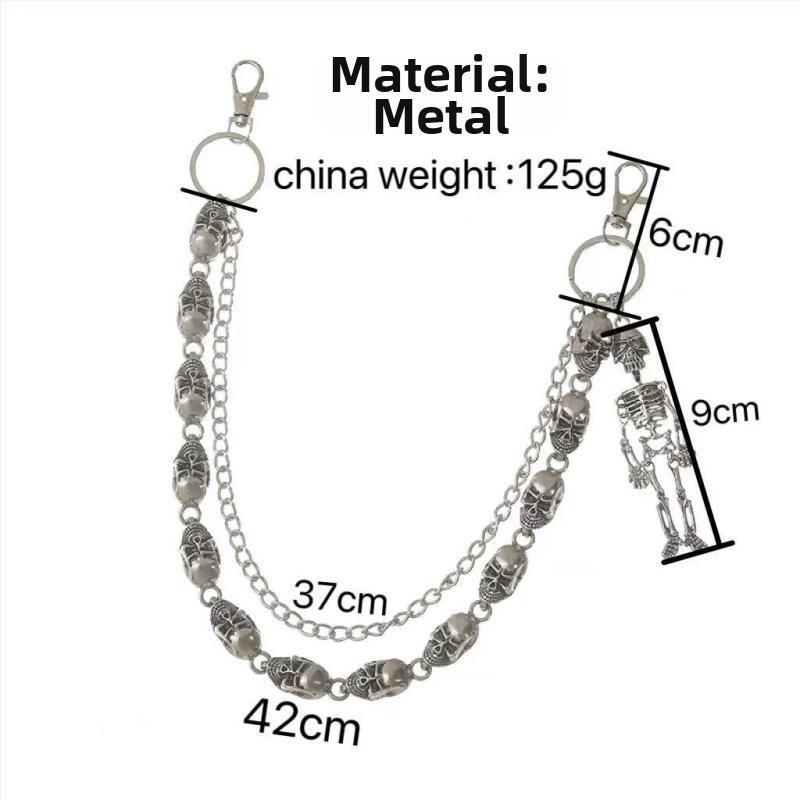 Metāla jostas ķēde biksēm, pank stila ar ģeometrisku slāņošanu un kraniuma motīvu (Materiāls: metāls; Kategorija: jostas ķēde; Sezona: 2025. rudens; Pielāgošana pieejama)
