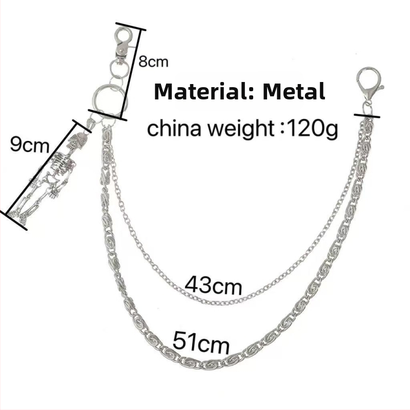 Metāla jostas ķēde biksēm, pank stila ar ģeometrisku slāņošanu un kraniuma motīvu (Materiāls: metāls; Kategorija: jostas ķēde; Sezona: 2025. rudens; Pielāgošana pieejama)