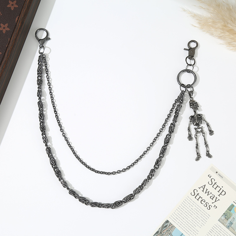 Metāla jostas ķēde biksēm, pank stila ar ģeometrisku slāņošanu un kraniuma motīvu (Materiāls: metāls; Kategorija: jostas ķēde; Sezona: 2025. rudens; Pielāgošana pieejama)