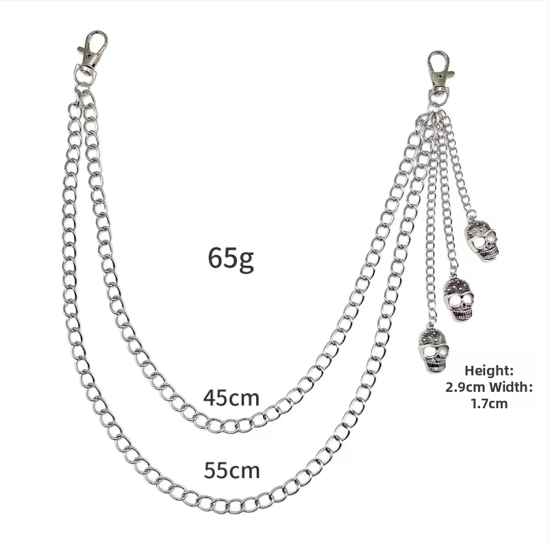 Metāla jostas ķēde biksēm, pank stila ar ģeometrisku slāņošanu un kraniuma motīvu (Materiāls: metāls; Kategorija: jostas ķēde; Sezona: 2025. rudens; Pielāgošana pieejama)