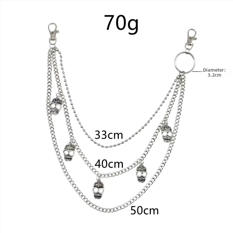 Metāla jostas ķēde biksēm, pank stila ar ģeometrisku slāņošanu un kraniuma motīvu (Materiāls: metāls; Kategorija: jostas ķēde; Sezona: 2025. rudens; Pielāgošana pieejama)