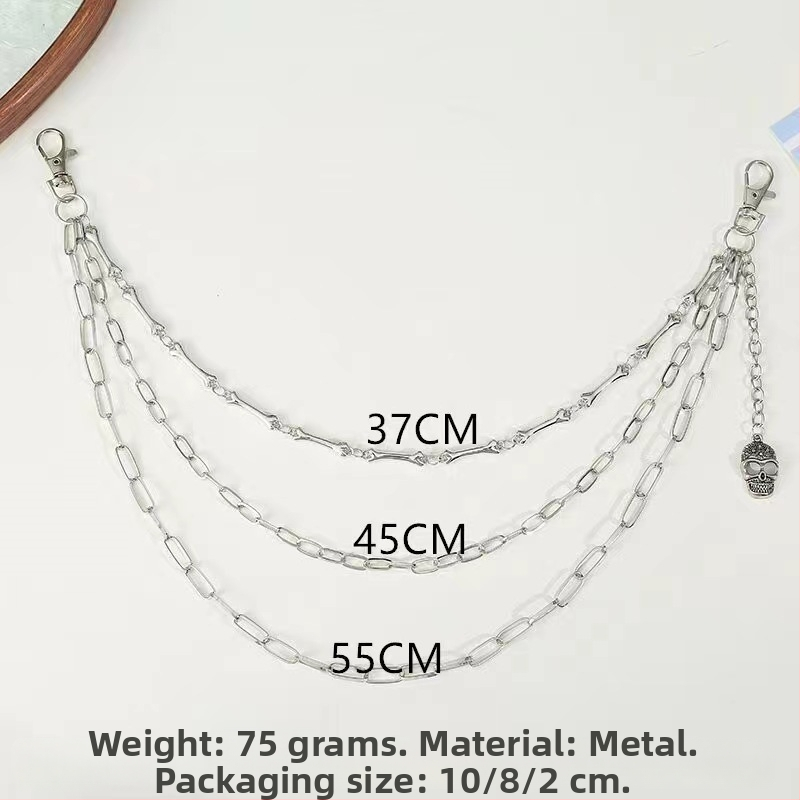 Metāla jostas ķēde biksēm, pank stila ar ģeometrisku slāņošanu un kraniuma motīvu (Materiāls: metāls; Kategorija: jostas ķēde; Sezona: 2025. rudens; Pielāgošana pieejama)