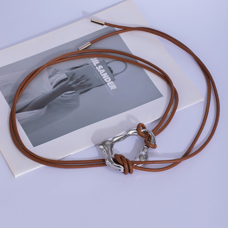 Curea de talie pentru femei cu nod din șnur de piele și cataramă din aliaj, închidere cu șiret, lățime subțire (<2 cm), electroplacare