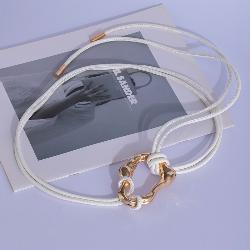 Curea de talie pentru femei cu nod din șnur de piele și cataramă din aliaj, închidere cu șiret, lățime subțire (<2 cm), electroplacare