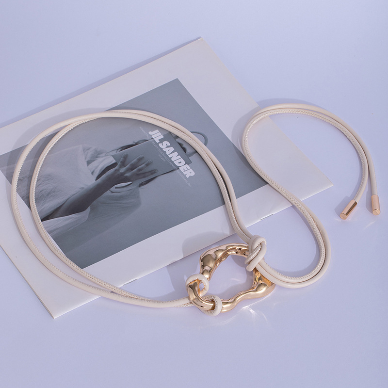 Curea de talie pentru femei cu nod din șnur de piele și cataramă din aliaj, închidere cu șiret, lățime subțire (<2 cm), electroplacare