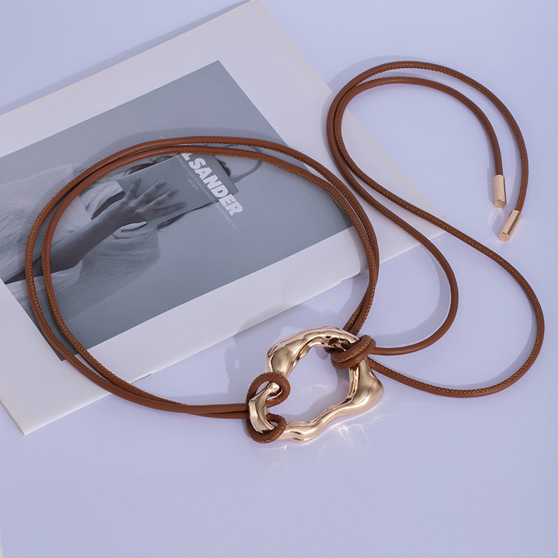 Curea de talie pentru femei cu nod din șnur de piele și cataramă din aliaj, închidere cu șiret, lățime subțire (<2 cm), electroplacare