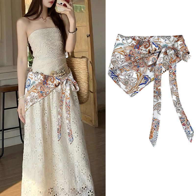 Pojas za struk s etničkim šalom od svile, kanvas tkanina, za žene, ljeto 2025