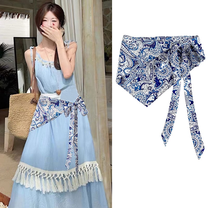 Pojas za struk s etničkim šalom od svile, kanvas tkanina, za žene, ljeto 2025