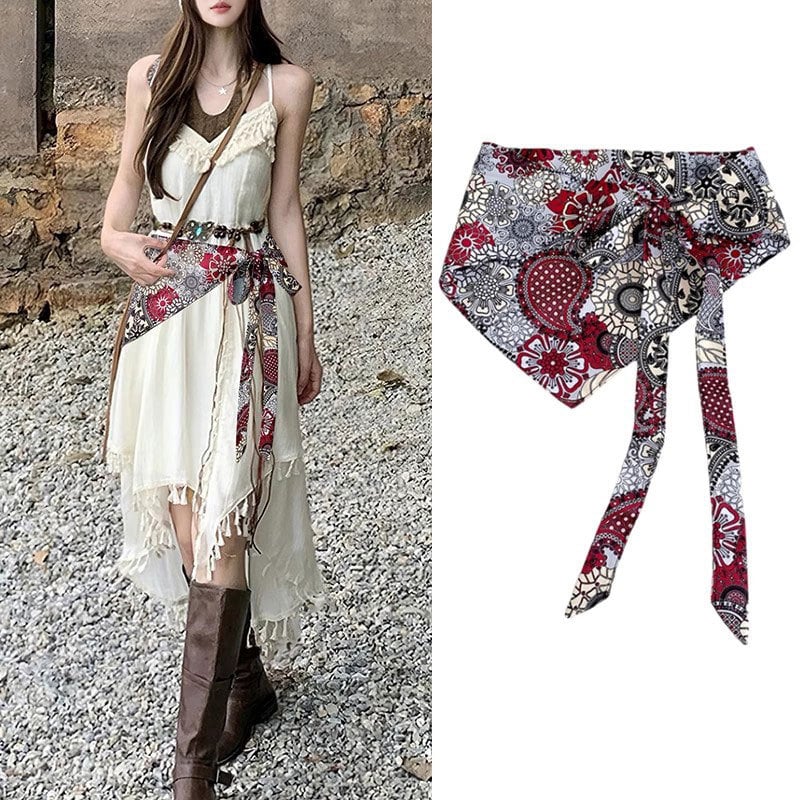 Pojas za struk s etničkim šalom od svile, kanvas tkanina, za žene, ljeto 2025