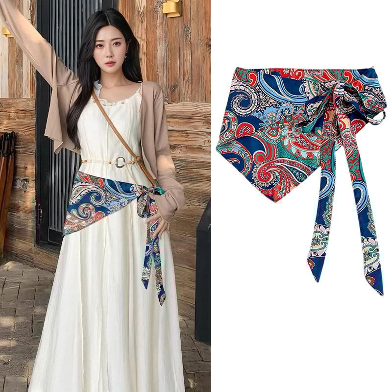 Pojas za struk s etničkim šalom od svile, kanvas tkanina, za žene, ljeto 2025