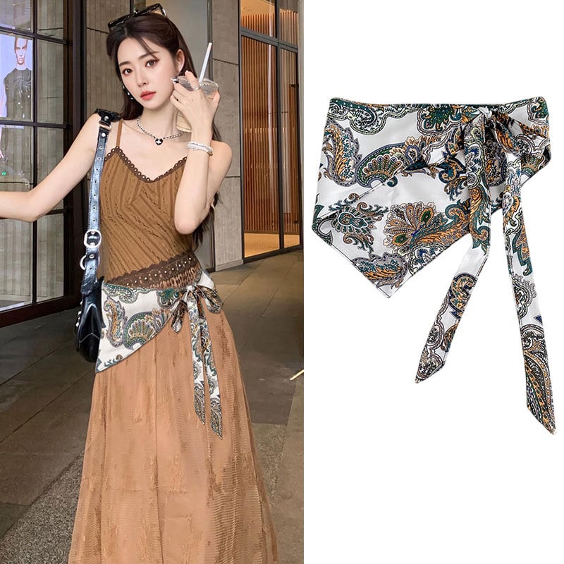 Pojas za struk s etničkim šalom od svile, kanvas tkanina, za žene, ljeto 2025