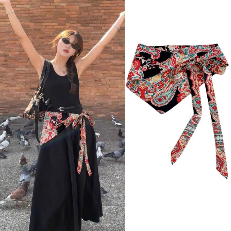 Pojas za struk s etničkim šalom od svile, kanvas tkanina, za žene, ljeto 2025