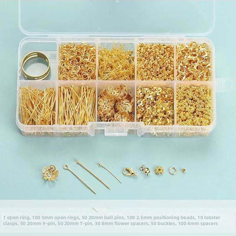 DIY papuošalų gamybos rinkinys su atveriamais žiedais, T-pin’ais, Lobster clasp, pozicijos karoliukais, 9 formos adata