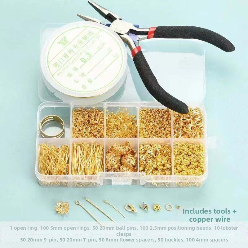 DIY papuošalų gamybos rinkinys su atveriamais žiedais, T-pin’ais, Lobster clasp, pozicijos karoliukais, 9 formos adata
