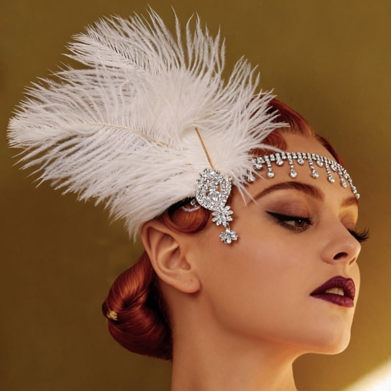 Čelna traka u vintage Gatsby stilu s perima i resicama, geometrijski karirani uzorak, prilagodljivo za pozornicu