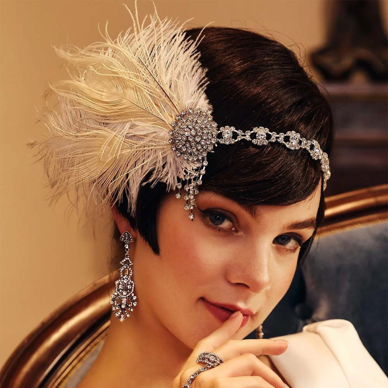 Čelna traka u vintage Gatsby stilu s perima i resicama, geometrijski karirani uzorak, prilagodljivo za pozornicu