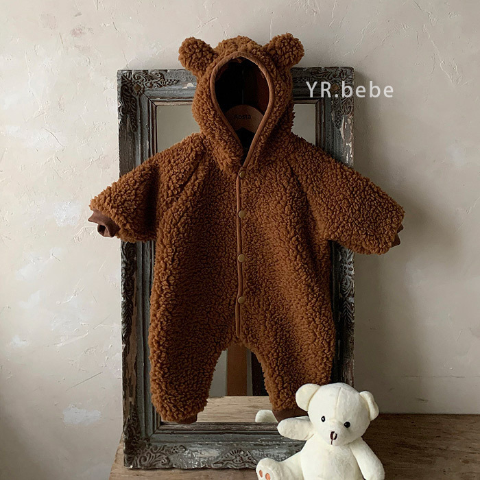 Baby unisex jumpsuit s kapuljom i ušima zeca, fleece od poliestera, korejski stil, dugi rukavi, zimska odjeća