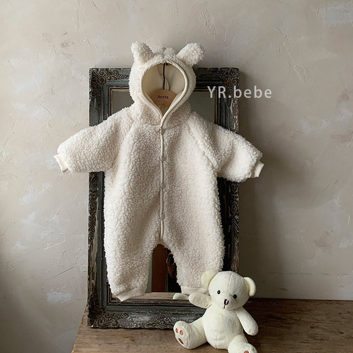 Baby unisex jumpsuit s kapuljom i ušima zeca, fleece od poliestera, korejski stil, dugi rukavi, zimska odjeća