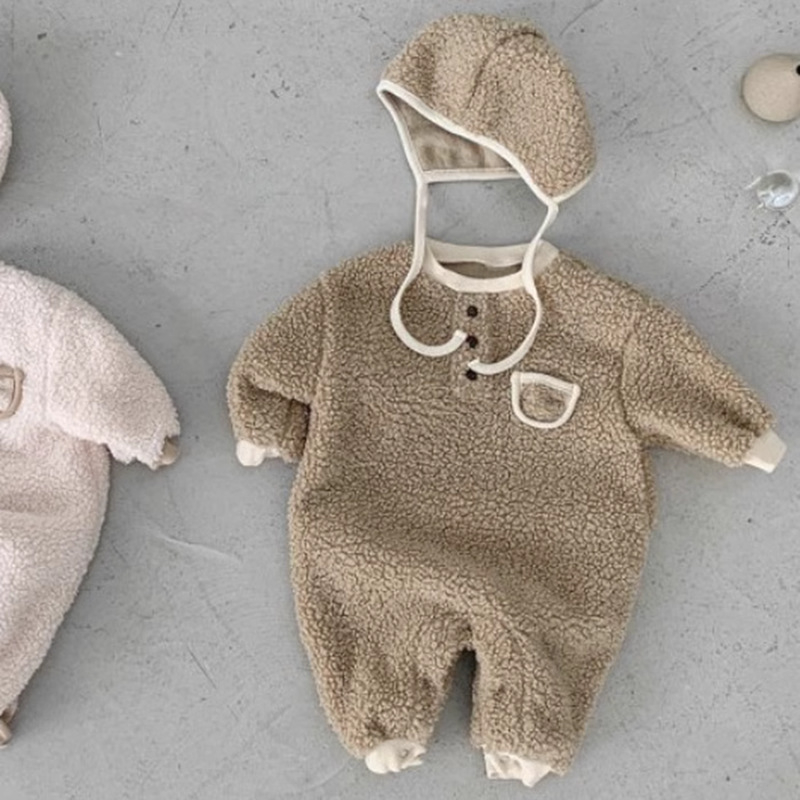 Baby unisex jumpsuit s kapuljom i ušima zeca, fleece od poliestera, korejski stil, dugi rukavi, zimska odjeća