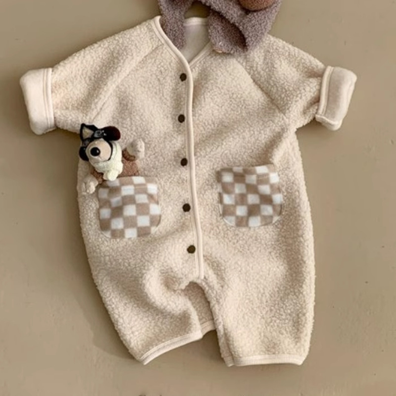 Baby unisex jumpsuit s kapuljom i ušima zeca, fleece od poliestera, korejski stil, dugi rukavi, zimska odjeća
