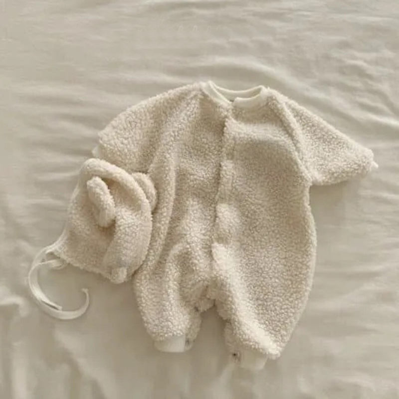 Baby unisex jumpsuit s kapuljom i ušima zeca, fleece od poliestera, korejski stil, dugi rukavi, zimska odjeća