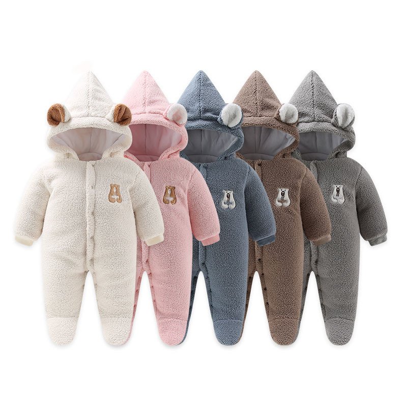 Overal za novorođenčad s kapuljom, dugi rukavi, debeli ovčji fleece, unisex, 75% poliester