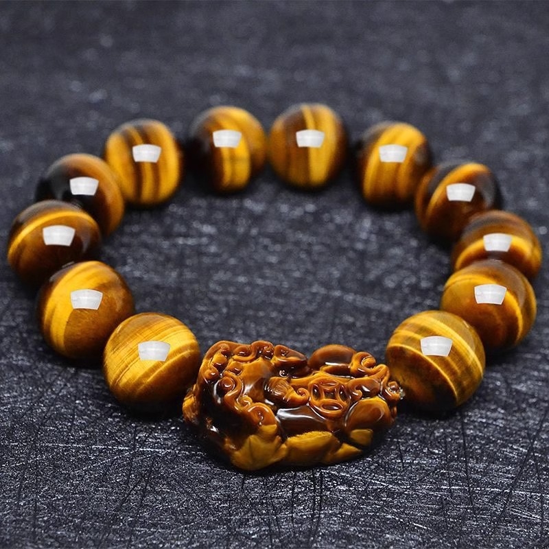 Narukvica od tigrovog oka, etnički unisex, geometrijski gravirani, Pixiu Buddha perle, set od 13 perli
