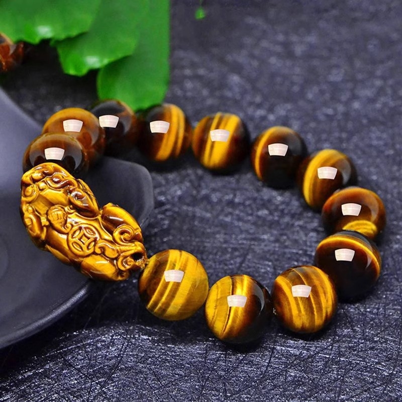 Narukvica od tigrovog oka, etnički unisex, geometrijski gravirani, Pixiu Buddha perle, set od 13 perli
