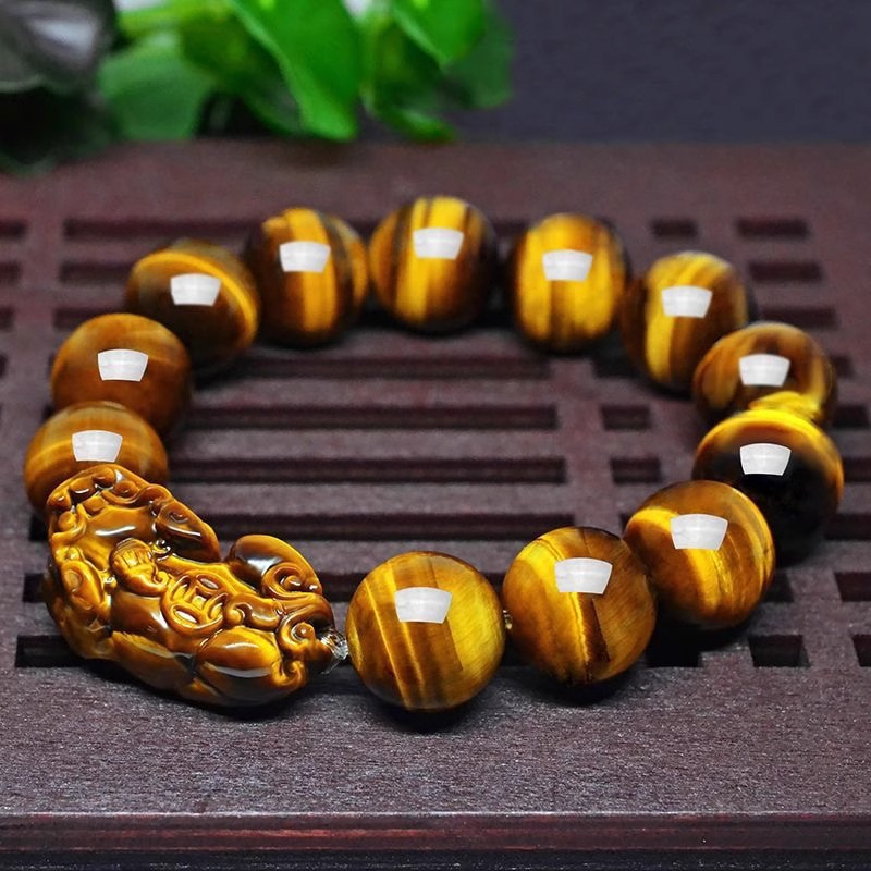 Narukvica od tigrovog oka, etnički unisex, geometrijski gravirani, Pixiu Buddha perle, set od 13 perli