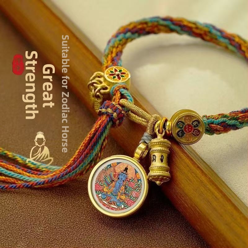 Etno stiliaus rankų darbo unisex apyrankė iš virvės su Thangka motyvu, 2024 m. pavasario leidimas, individualiai supakuota