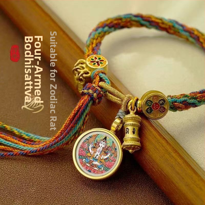 Etno stiliaus rankų darbo unisex apyrankė iš virvės su Thangka motyvu, 2024 m. pavasario leidimas, individualiai supakuota