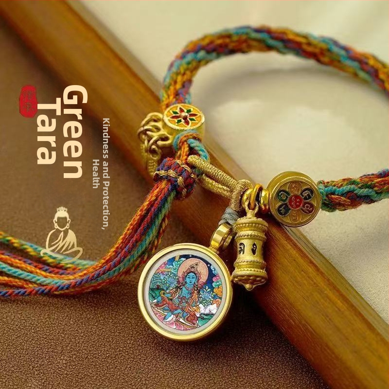 Etno stiliaus rankų darbo unisex apyrankė iš virvės su Thangka motyvu, 2024 m. pavasario leidimas, individualiai supakuota