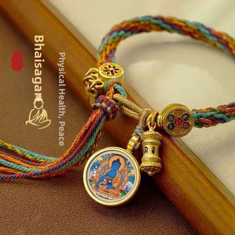 Etno stiliaus rankų darbo unisex apyrankė iš virvės su Thangka motyvu, 2024 m. pavasario leidimas, individualiai supakuota