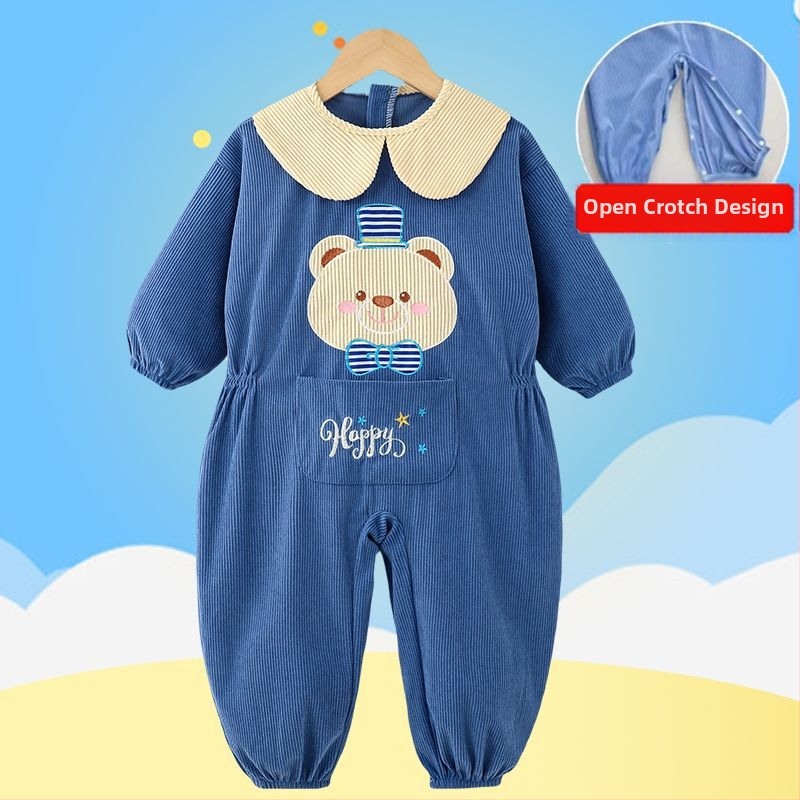 Bērnu rāpošanas kombinezonā ar snapkopām – garas piedurknes, corduroy audums un poliesteris, pavasaris‑rudens‑ziema, 3–8 gadu vecumam