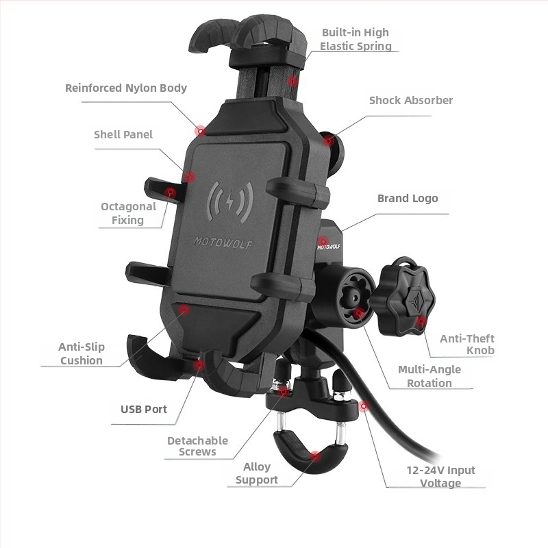 MOTOWOLF Motocikla telefona turētājs bezvadu uzlādei ar lodītes galvas stiprinājumu un plastmasas konstrukciju