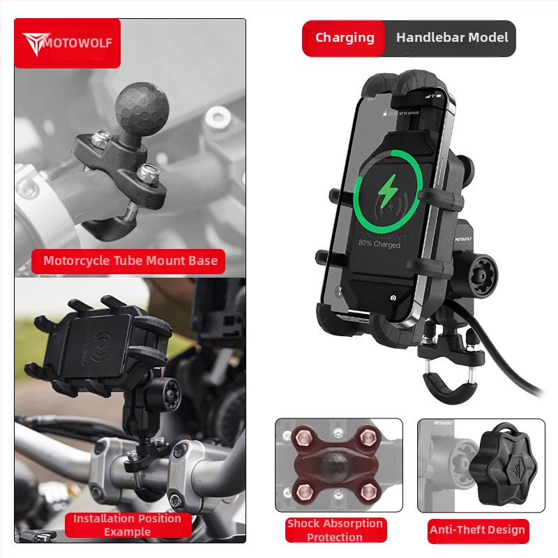 MOTOWOLF Motocikla telefona turētājs bezvadu uzlādei ar lodītes galvas stiprinājumu un plastmasas konstrukciju