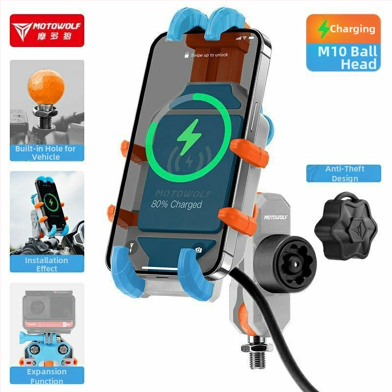 MOTOWOLF Motocikla telefona turētājs bezvadu uzlādei ar lodītes galvas stiprinājumu un plastmasas konstrukciju