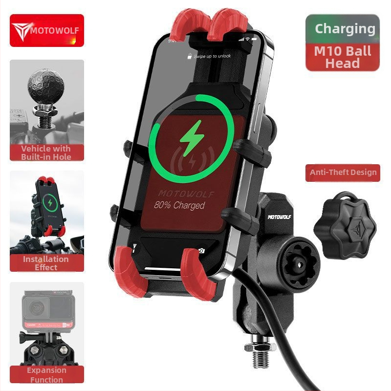 MOTOWOLF Motocikla telefona turētājs bezvadu uzlādei ar lodītes galvas stiprinājumu un plastmasas konstrukciju