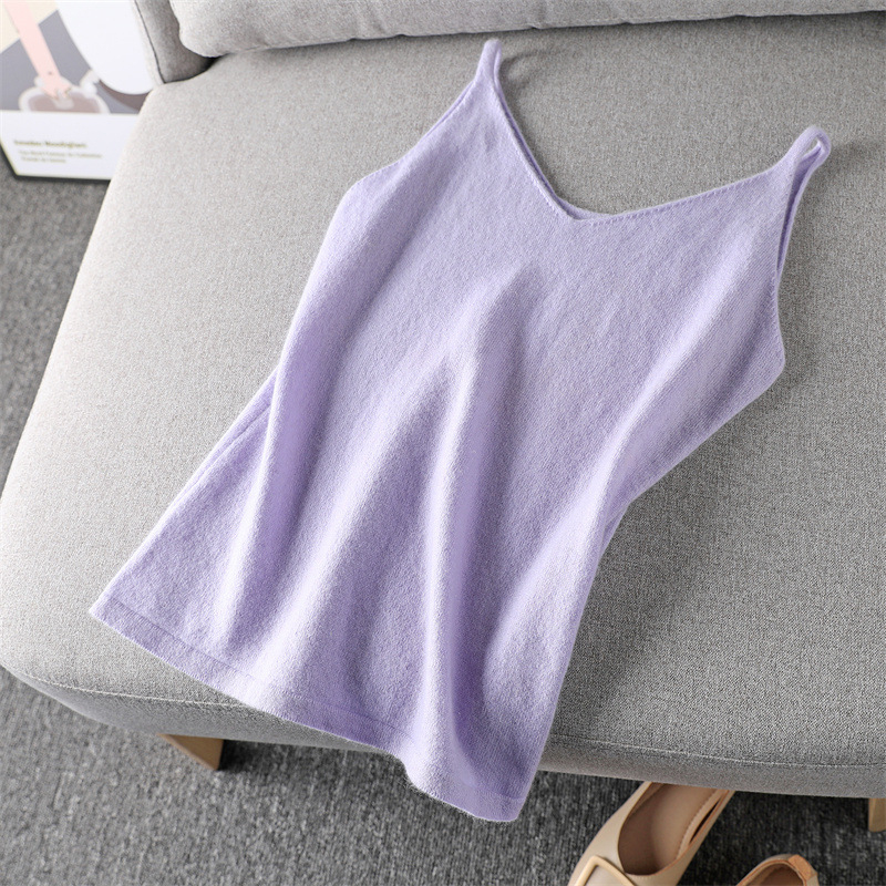 Sieviešu vilnas adīta camisole ar V kaklu, dubulti siksnas, šaurais siluets, ziemas sezona